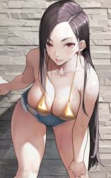 Rule 34 | 1girl, absurdres, bare shoulders, bikini, black hair, blue shorts, breasts, cleavage, collarbone, cutoffs, denim, denim shorts, earrings, forehead, gold bikini, highres, jewelry, large breasts, leaning forward, long hair, looking at viewer, original, parted bangs, red eyes, revision, shiny swimsuit, short hair, short shorts, shorts, solo, standing, sweat, swimsuit, thighs, very short hair, wet, yellow bikini, yoshio (55level)