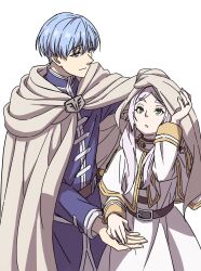 Rule 34 | 1boy, 1girl, ayamame, belt, blue coat, blue eyes, blue hair, cape, closed mouth, coat, commentary request, dress, earrings, elf, frieren, green eyes, grey cape, highres, himmel (sousou no frieren), holding hands, jewelry, long hair, long sleeves, parted lips, pointy ears, ring, shared cape, shared clothes, short hair, simple background, smile, sousou no frieren, twintails, wedding ring, white background, white dress, white hair