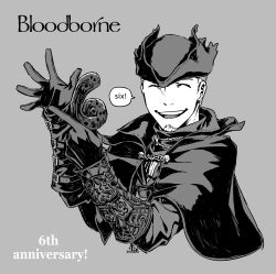 Rule 34 | 1boy, :d, anniversary, artist name, bloodborne, capelet, commentary request, closed eyes, gloves, greyscale, hat, highres, holding, hunter (bloodborne), kamezaemon, long sleeves, looking at viewer, monochrome, open mouth, short hair, simple background, smile, solo, teeth, tricorne, upper teeth only