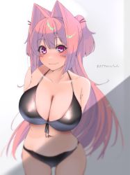 Rule 34 | 1girl, arms behind back, bikini, black bikini, blush, breasts, cleavage, closed mouth, collarbone, commentary, cowboy shot, fang, hair intakes, highres, large breasts, long hair, looking at viewer, miton-chan (miton (turuyasann)), miton (turuyasann), navel, original, pink eyes, pink hair, short twintails, solo, string bikini, swimsuit, translated, twintails