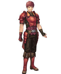 Rule 34 | 1boy, armor, boots, cuboon, fingerless gloves, fire emblem, fire emblem echoes: shadows of valentia, fire emblem heroes, full body, gloves, highres, lukas (fire emblem), male focus, nintendo, official art, red armor, red eyes, red hair, simple background, solo, white background