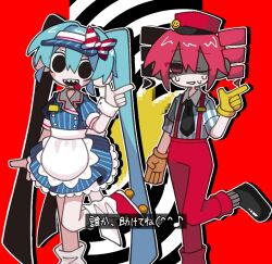 Rule 34 | 2girls, 4sister atelier, apron, black eyes, blue dress, blue hair, bow, buttons, distress hand signal, double-breasted, dress, drill hair, empty eyes, finger gun, foot out of frame, frilled dress, frills, full body, gloves, hair bow, hand up, hat, kasane teto, long hair, looking at viewer, mesmerizer (vocaloid), multiple girls, one eye closed, open mouth, pants, pink hair, pink hat, pink pants, pinstripe dress, pinstripe pattern, puffy short sleeves, puffy sleeves, roller skates, sharp teeth, short sleeves, sidelocks, skates, smile, socks, standing, standing on one leg, striped bow, striped clothes, striped socks, suspenders, sweat, teeth, twin drills, twintails, utau, very long hair, visor cap, vocaloid, waist apron, waitress, white apron, yellow gloves