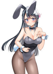 Rule 34 | 1girl, animal ears, bare shoulders, black bow, black bowtie, black hair, blue eyes, blush, bow, bowtie, breasts, brown pantyhose, cleavage, closed mouth, collarbone, fake animal ears, fake tail, hair ornament, hairband, hairclip, hand on own chest, highres, large breasts, leotard, long hair, looking at viewer, pantyhose, piyopoyo, playboy bunny, rabbit ears, rabbit hair ornament, rabbit tail, sakurajima mai, seishun buta yarou, solo, sweatdrop, tail, very long hair, wrist cuffs