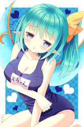 Rule 34 | 1girl, :o, alternate costume, aqua eyes, blush, bow, breast hold, breasts, daiyousei, fairy wings, green hair, hair bow, hair ornament, hair ribbon, hazakura satsuki, heart, heart background, large breasts, name tag, one-piece swimsuit, open mouth, pointy ears, ribbon, school swimsuit, side ponytail, sitting, solo, sunken cheeks, swimsuit, touhou, translation request, wings