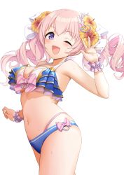 Rule 34 | 1girl, bikini, blue bikini, blush, breasts, frilled bikini, frills, highres, iwao (pixiv258710), large breasts, looking at viewer, pink hair, princess connect!, simple background, solo, swimsuit, tagme, thighs, tsumugi (princess connect!), tsumugi (summer) (princess connect!), white background