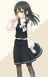 Rule 34 | 1girl, belt, black dress, black hair, black pantyhose, blush, commentary request, dress, feet out of frame, green eyes, grey background, hair ornament, hairclip, highres, kantai collection, kujira naoto, light smile, official alternate costume, oyashio (kancolle), pantyhose, solo, split mouth, standing, sweater, two-tone background, white background, white sweater