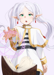 Rule 34 | 1girl, absurdres, black pantyhose, book, capelet, casting spell, dangle earrings, drop earrings, earrings, elf, frieren, green eyes, grimoire, highres, jewelry, long hair, magic, masamika10086, open mouth, outstretched arm, pantyhose, pentagram, pointy ears, shirt, skirt, smile, solo, sousou no frieren, striped clothes, striped shirt, twintails, white capelet, white hair, white skirt