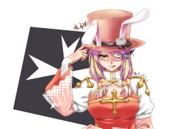 Rule 34 | 1girl, :q, animal ears, arch bishop (ragnarok online), black bow, bow, breasts, chinese commentary, cleavage, closed mouth, commentary request, cross, crossed arms, dated, dress, fake animal ears, flower, fumiao, green eyes, hair between eyes, hat, hat bow, jacket, juliet sleeves, large breasts, long hair, long sleeves, looking at viewer, monocle, one eye closed, pink hair, puffy sleeves, rabbit ears, ragnarok online, red dress, red hat, rimless eyewear, rose, shrug (clothing), signature, smile, solo, tongue, tongue out, top hat, upper body, white background, white flower, white jacket