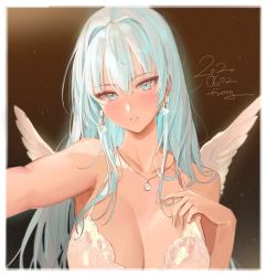 Rule 34 | 1girl, absurdres, angel wings, aqua eyes, aqua hair, bad id, bad twitter id, bare shoulders, blush, bra, breasts, brown background, cleavage, dated, earrings, freng, hair between eyes, hand on own chest, highres, jewelry, large breasts, long hair, looking at viewer, nail polish, necklace, original, outstretched arm, parted lips, pink lips, sidelocks, signature, underwear, upper body, white bra, white nails, wings