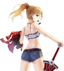 Rule 34 | 1girl, absurdres, ass, back, bandeau, bare arms, bare shoulders, belt, blonde hair, blush, braid, breasts, commentary request, cowboy shot, cutoffs, denim, denim shorts, enin, fate/grand order, fate (series), french braid, from behind, green eyes, hair ornament, hair scrunchie, highres, holding, holding sword, holding weapon, jacket, unworn jacket, jewelry, long hair, looking at viewer, looking back, medium breasts, midriff, mordred (fate), mordred (fate/apocrypha), mordred (memories at trifas) (fate), necklace, open mouth, ponytail, red jacket, red scrunchie, scrunchie, short shorts, shorts, simple background, smile, solo, sword, teeth, upper teeth only, weapon, white background