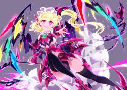 Rule 34 | 1girl, adapted costume, blonde hair, fang, flandre scarlet, grey background, hat, highres, holding, holding weapon, laevatein (touhou), mechanical wings, mob cap, one side up, open mouth, pink eyes, raptor7, solo, touhou, weapon, wings