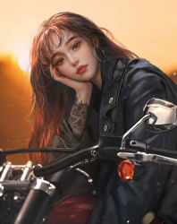 Rule 34 | 1girl, arm tattoo, asian, brown hair, commentary, earrings, elbow rest, english commentary, head rest, head tilt, highres, hoop earrings, jacket, jewelry, leather, leather jacket, lips, long hair, looking at viewer, mole, mole under eye, motor vehicle, motorcycle, nixeu, original, outdoors, realistic, solo, tattoo