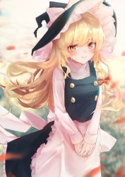 Rule 34 | 1girl, apron, black skirt, blonde hair, blurry, blush, bow, braid, hair bow, hat, hat bow, highres, kirisame marisa, light smile, long hair, long sleeves, looking at viewer, shirt, single braid, skirt, solo, taguno, touhou, v arms, vest, waist apron, white apron, white bow, witch hat, yellow eyes