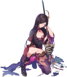 Rule 34 | 1girl, ;(, artist request, black gloves, black hair, breasts, broken spear, cleavage, full body, gloves, grey eyes, hair ornament, holding, holding polearm, holding spear, holding weapon, iyo matsuyama (oshiro project), kneeling, large breasts, long hair, official art, on one knee, oshiro project:re, oshiro project:re, parted bangs, polearm, solo, spear, torn clothes, transparent background, very long hair, weapon