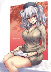 Rule 34 | 10s, 1girl, :d, alternate costume, beret, bespectacled, blue eyes, breasts, collarbone, glasses, hat, kantai collection, kashima (kancolle), large breasts, long sleeves, looking at viewer, magazine (object), open mouth, red-framed eyewear, ribbed sweater, shinshin, silver hair, sitting, smile, solo, sweater, tsurime, twintails, twitter username, wavy hair