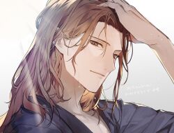 Rule 34 | 1boy, arm up, black shirt, brown eyes, brown hair, closed mouth, collarbone, commentary, granblue fantasy, hair behind ear, hand in own hair, light rays, light smile, long hair, looking to the side, male focus, open clothes, open shirt, profile, rilmok, shirt, sideways glance, siegfried (granblue fantasy), simple background, solo, sunbeam, sunlight, upper body, wet, wet hair, white background