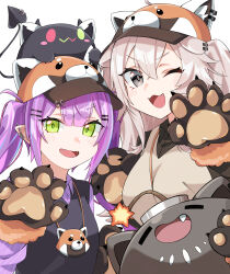 2girls absurdres animal_hands animal_hat between_breasts bibi_(tokoyami_towa) breasts earrings fangs gloves green_eyes grey_eyes grey_hair hat highres hololive jewelry long_hair multiple_girls one_eye_closed paw_gloves pointy_ears purple_hair red_panda_costume shishiro_botan ssrb_(shishiro_botan) strap_between_breasts stud_earrings tokoyami_towa twintails ululumuu virtual_youtuber white_background