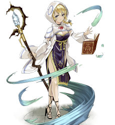 Rule 34 | 1girl, absurdres, black choker, blonde hair, blue eyes, book, braid, breasts, choker, cleavage, commentary request, fantasy, floating, full body, gem, grimoire, hair between eyes, high heels, highres, holding, holding staff, hooded robe, levitation, looking at viewer, mage staff, magic, original, robe, side braid, simple background, solo, staff, strappy heels, tabard, tile floor, tiles, white background, white hood, white robe, yunekoko