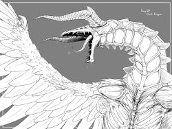 Rule 34 | dragon, ewna-art, extra eyes, feathered wings, fire emblem, fire emblem awakening, greyscale, grima (fire emblem), highres, horns, long tongue, looking to the side, monochrome, nintendo, no humans, roaring, scales, sharp teeth, teeth, tongue, wings