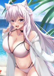 Rule 34 | 1girl, absurdres, animal ears, antenna hair, bare shoulders, beach, bikini, black collar, blue sky, blurry, blurry background, breasts, cleavage, collar, cowboy shot, day, fang, fingernails, flower, hair flower, hair ornament, hakui koyori, highres, hololive, large breasts, long fingernails, long hair, long sleeves, looking at viewer, nail polish, navel, ocean, open mouth, outdoors, palm tree, pink bikini, pink eyes, pink flower, pink hair, pink nails, shirt, sky, smile, solo, stomach, summer, swimsuit, tail, tree, tyamiy1017, virtual youtuber, white shirt