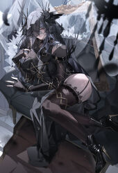 1girl absurdres arknights black_dress black_gloves black_high_heels black_horns black_nails black_thighhighs black_veil breasts chest_harness closed_mouth commentary_request couch dress full_body garter_straps gloves grey_hair hair_between_eyes harness high_heels highres horns krao lace lace-trimmed_thighhighs lace_trim laqeramaline_(arknights) large_breasts long_hair looking_at_viewer mature_female nail_polish on_couch partially_fingerless_gloves picture_frame reclining red_eyes see-through_clothes see-through_veil solo thighhighs torn_clothes torn_thighhighs veil