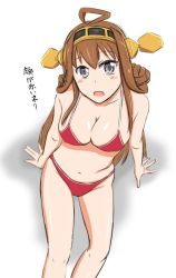 Rule 34 | 10s, 1girl, :d, ahoge, arm support, bad id, bad pixiv id, bare shoulders, bikini, breasts, brown hair, cleavage, double bun, grey eyes, hair bun, hair ornament, headgear, kantai collection, kongou (kancolle), large breasts, long hair, looking at viewer, looking up, navel, one eye closed, open mouth, personification, red bikini, shadow, shigure ryuunosuke, shiny skin, sitting, smile, solo, swimsuit, translated, white background, wink