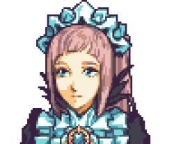 Rule 34 | 1girl, close-up, commentary, dress, english commentary, felicia (fire emblem), fire emblem, fire emblem fates, frills, glaceo, green eyes, lowres, maid, maid headdress, nintendo, parody, pink hair, pixel art, ponytail, portrait, solo, style parody, transparent background