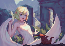 Rule 34 | 1girl, :o, bare shoulders, bigrbear, blonde hair, breasts, commentary request, day, dragon, dress, elf, grass, highres, jewelry, looking down, necklace, open mouth, original, outdoors, pointy ears, ruins, short hair, small breasts, solo, white dress