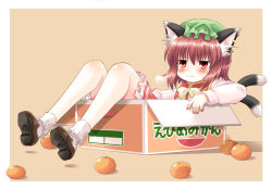 Rule 34 | 1girl, :3, puff of air, animal ears, blush, bobby socks, box, brown eyes, brown hair, cardboard box, cat ears, cat girl, cat tail, chen, earrings, female focus, food, fruit, full body, hat, in box, in container, jewelry, komiru, multiple tails, nail polish, name connection, object namesake, orange (fruit), orange background, shoes, short hair, simple background, single earring, smile, smug, socks, solo, tail, touhou, white socks