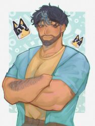 Rule 34 | 1boy, bandit heeler, bara, beard, black hair, bluey, chest hair peek, crossed arms, facial hair, full beard, gradient beard, highres, humanization, large pectorals, looking at viewer, m3gamoo, male focus, mature male, multicolored hair, muscular, muscular male, open clothes, open shirt, pectoral lift, pectorals, reference inset, shirt, short hair, smile, solo, streaked hair, thick arm hair, thick eyebrows, two-tone background, upper body
