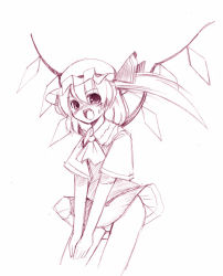 Rule 34 | 1girl, cowboy shot, embarrassed, female focus, flandre scarlet, hat, miniskirt, mob cap, monochrome, pink theme, seo tatsuya, simple background, sketch, skirt, solo, touhou, white background, wings
