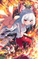 Rule 34 | 1girl, arm garter, artist name, bamboo, bamboo forest, blue eyes, blurry, blurry foreground, blush, bow, breasts, burnt clothes, buttons, cigarette, clenched hand, collarbone, collared shirt, commentary, fire, flaming hand, floating hair, foreshortening, forest, fujiwara no mokou, green eyes, hair bow, highres, hime cut, kiramarukou, long hair, long sleeves, looking at viewer, mary janes, mouth hold, multicolored eyes, nature, ofuda, ofuda on clothes, open hand, orange eyes, outstretched arm, outstretched hand, pants, reaching, reaching towards viewer, red bow, red eyes, red footwear, red pants, shirt, shoes, sidelocks, signature, small breasts, smile, sparkle, suspenders, teeth hold, touhou, twitter username, two-tone bow, v-shaped eyebrows, very long hair, white bow, white hair, white shirt