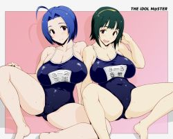 Rule 34 | 2girls, ahoge, artist request, barefoot, blue hair, blue one-piece swimsuit, blush, breasts, brown eyes, cleavage, covered navel, feet, green hair, hairband, huge breasts, idolmaster, idolmaster (classic), large breasts, looking at viewer, miura azusa, multiple girls, one-piece swimsuit, open mouth, otonashi kotori, pink background, purple eyes, school swimsuit, short hair, smile, sweat, swimsuit, text focus, yellow hairband