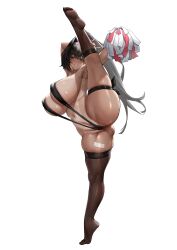 Rule 34 | 1girl, absurdres, ass, bay (nikke), black eyes, black hair, black socks, black thighhighs, blush, breasts, covered erect nipples, dark-skinned female, dark skin, full body, goddess of victory: nikke, grin, hairband, highres, kneehighs, large breasts, long hair, looking at viewer, mole, mole under mouth, navel, one-piece tan, pom pom (cheerleading), ponytail, shuiruoqing, simple background, slingshot swimsuit, smile, socks, solo, split, standing, standing on one leg, standing split, swimsuit, tan, tanline, thigh strap, thighhighs, variant set, white background