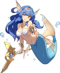 Rule 34 | 1girl, amelia (world flipper), artist request, bare shoulders, bikini, bikini top only, blue gemstone, blue hair, blush, blush stickers, bracelet, breasts, bubble, cleavage, closed mouth, collarbone, crystal, female focus, fins, full body, gem, hair intakes, hand up, happy, head fins, highres, jewelry, leaning forward, light blush, long hair, looking at viewer, medium breasts, mermaid, monster girl, navel, necklace, non-web source, official art, one eye closed, orange eyes, red gemstone, shell, shell bikini, shiny skin, sidelocks, simple background, smile, solo, stomach, swimsuit, tiara, transparent background, water, white bikini, white headwear, wink, world flipper
