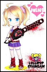 Rule 34 | &gt;:), 1girl, aya tokachi, belt, blonde hair, blood, blue eyes, blush, chainsaw, cheerleader, chibi, clothes writing, grasshopper manufacture, juliet starling, leg warmers, logo, lollipop chainsaw, long hair, midriff, miniskirt, scrunchie, shoes, skirt, smile, sneakers, solo, thighhighs, twintails, white thighhighs, wristband