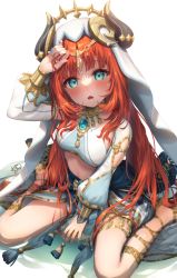 Rule 34 | 1girl, :o, aqua eyes, blush, breasts, brooch, circlet, clothing cutout, crop top, genshin impact, gladiator sandals, gold trim, hand on own head, harem outfit, highres, horns, jewelry, long hair, long sleeves, looking at viewer, matsunashi noe, medium breasts, nail polish, neck ring, nilou (genshin impact), parted lips, puffy long sleeves, puffy sleeves, red hair, sandals, shallow water, sidelocks, sitting, skirt, solo, thighlet, thighs, twintails, veil, wariza, water
