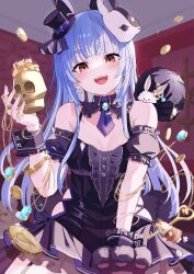 Rule 34 | 1girl, absurdres, animal ears, animal hands, bare shoulders, black collar, black dress, black hat, blue hair, blue necktie, blunt bangs, blush, bracelet, cat paws, chain, coin, collar, detached collar, detached sleeves, don-chan (usada pekora), dress, earrings, extra ears, fake animal ears, frilled sleeves, frills, glint, gloves, gold chain, hand up, hat, heart, heart earrings, highres, hololive, jewelry, long hair, looking at viewer, mask, mask on head, mei am0, mini hat, mini top hat, necktie, official alternate costume, open mouth, rabbit-shaped pupils, rabbit ears, rabbit mask, red eyes, short dress, short eyebrows, short sleeves, sidelocks, single glove, skull, sleeveless, sleeveless dress, smile, solo, symbol-shaped pupils, thick eyebrows, top hat, usada pekora, usada pekora (furi furi bunny dress), virtual youtuber, wrist cuffs
