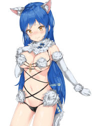 Rule 34 | 1girl, :&gt;, animal ears, ass, bikini, black bikini, blue hair, blush, breast suppress, breasts, brown eyes, clenched hand, cosplay, cowboy shot, elbow gloves, fur collar, girls&#039; frontline, gloves, head tilt, highres, long hair, looking at viewer, mash kyrielight, mash kyrielight (dangerous beast), mash kyrielight (dangerous beast) (cosplay), medium breasts, navel, o-ring, o-ring top, official alternate costume, pixel (yuxian), simple background, solo, swimsuit, tar-21 (girls&#039; frontline), very long hair, white background, white gloves, wolf ears