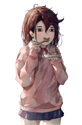 &lt;o&gt;_&lt;o&gt; 1girl absurdres ayase_momo big_chunger blue_skirt blush bow bowtie brown_eyes brown_hair chopsticks commentary cowboy_shot dandadan earrings eating food food_in_mouth hair_between_eyes highres holding holding_chopsticks jewelry long_sleeves medium_hair messy_hair pink_sweater pleated_skirt red_bow red_bowtie school_uniform simple_background skirt solo standing sweater takoyaki white_background