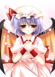 Rule 34 | 1girl, bat wings, blouse, bow, brown eyes, female focus, gradient background, hat, natsumikan, purple hair, remilia scarlet, shirt, short hair, solo, touhou, white background, wings