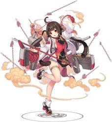 Rule 34 | 1girl, ahoge, azur lane, breasts, brown hair, full body, hai chi (azur lane), hair ornament, highres, holding, holding weapon, kinjo kuromomo, leg up, looking at viewer, official art, open mouth, red eyes, rigging, small breasts, thigh strap, transparent background, turret, weapon, wide sleeves