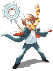 Rule 34 | 1boy, black robe, brown hair, fingernails, full body, gashi-gashi, glasses, grey eyes, grey sweater vest, harry potter, harry potter (series), highres, holding, holding wand, male focus, orange scarf, outstretched arms, poke ball, robe, round eyewear, scar, scar on face, scar on forehead, scarf, simple background, solo, spread arms, striped clothes, striped scarf, sugimori ken (style), sweater vest, wand, white background, wizarding world