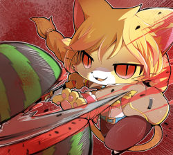 Rule 34 | 1girl, animal ears, animal nose, azuma minatsu, blonde hair, body fur, cat, cat busters, cat ears, cat girl, cat tail, food, fruit, furry, furry female, melon, open mouth, solo, suikawari, tagme, tail, whiskers, wraith (cat busters)