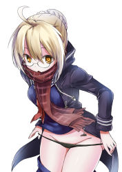 Rule 34 | 1girl, ahoge, artoria pendragon (fate), bad id, bad pixiv id, black panties, blonde hair, blue jacket, commentary request, crost, fate/grand order, fate (series), glasses, hair bun, highres, jacket, leaning forward, looking at viewer, mysterious heroine x alter (fate), mysterious heroine x alter (first ascension) (fate), neckerchief, no pants, open clothes, open jacket, open mouth, panties, panty pull, plaid, plaid scarf, pulled by self, red neckerchief, scarf, short hair, sidelocks, simple background, single hair bun, solo, underwear, white background, yellow eyes