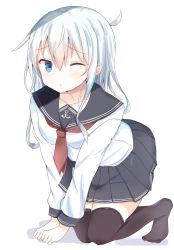 Rule 34 | 1girl, ;o, anchor symbol, black sailor collar, black skirt, blue eyes, blush, brown thighhighs, collarbone, hair between eyes, hibiki (kancolle), highres, kantai collection, long hair, long sleeves, neckerchief, no headwear, no shoes, one eye closed, parted lips, pinoaisu, pleated skirt, red neckerchief, sailor collar, shadow, shirt, silver hair, skirt, solo, thighhighs, very long hair, white background, white shirt