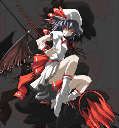 Rule 34 | 1girl, alternate color, bad id, bad pixiv id, bat wings, boots, demon wings, female focus, grin, hat, highres, low wings, ogipote, purple hair, red eyes, remilia scarlet, short hair, smile, solo, touhou, wings, zoom layer