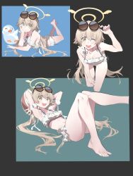 Rule 34 | arms behind head, b zhan cm yang, ball, barefoot, beachball, bikini, bird, blonde hair, blue archive, breasts, cleavage, detached sleeves, eyewear on head, feet, feet up, frilled bikini, frills, halo, hifumi (blue archive), hifumi (swimsuit) (blue archive), highres, leaning forward, leg up, legs, long hair, low twintails, lying, medium breasts, multicolored background, on back, on stomach, one eye closed, ribbon-trimmed bikini, ribbon-trimmed swimsuit, ribbon trim, round eyewear, side-tie bikini bottom, simple background, smile, sunglasses, swimsuit, teeth, the pose, thighs, toenails, twintails, upper teeth only, white bikini, winged halo, yellow halo