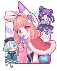 Rule 34 | 3girls, :&lt;, animal hands, animal hood, black corset, black dress, blunt bangs, blush, braid, candy, capelet, chibi, closed mouth, commentary, corset, denonbu, double bun, dress, food, fur-trimmed capelet, fur trim, gloves, hair bun, hair over one eye, hand up, hands up, hat, heart, holding, holding candy, holding food, holding lollipop, hood, hood up, iduru126, inubousaki shian, lollipop, long hair, looking at another, looking at viewer, minakami hina, multiple girls, nurse cap, official alternate costume, orange hair, paw gloves, pink eyes, pink gloves, purple eyes, purple hair, rabbit hood, red capelet, sakurano mimito, short hair, smile, solo focus, swirl lollipop, symbol-only commentary, twin braids, upper body
