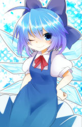 Rule 34 | 1girl, ahoge, bad id, bad pixiv id, blue eyes, blue hair, bow, cirno, dress, hair bow, hand on own hip, mofuaki, one eye closed, pinafore dress, short hair, sleeveless dress, smile, solo, touhou, wings